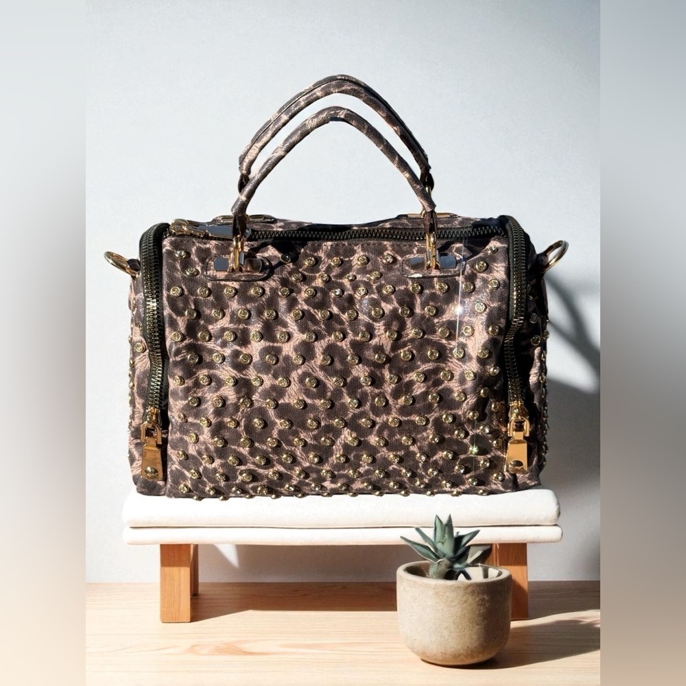 Elegant Cheetah Print Ladies Nylon Satchel Rhinestone Studs Incl Crossbody Strap